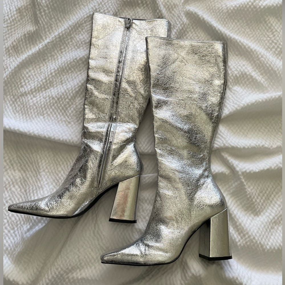 Steve Madden Silver Zelda Pointed Toe Block Heel Under the Knee Boots - Picture 2 of 16